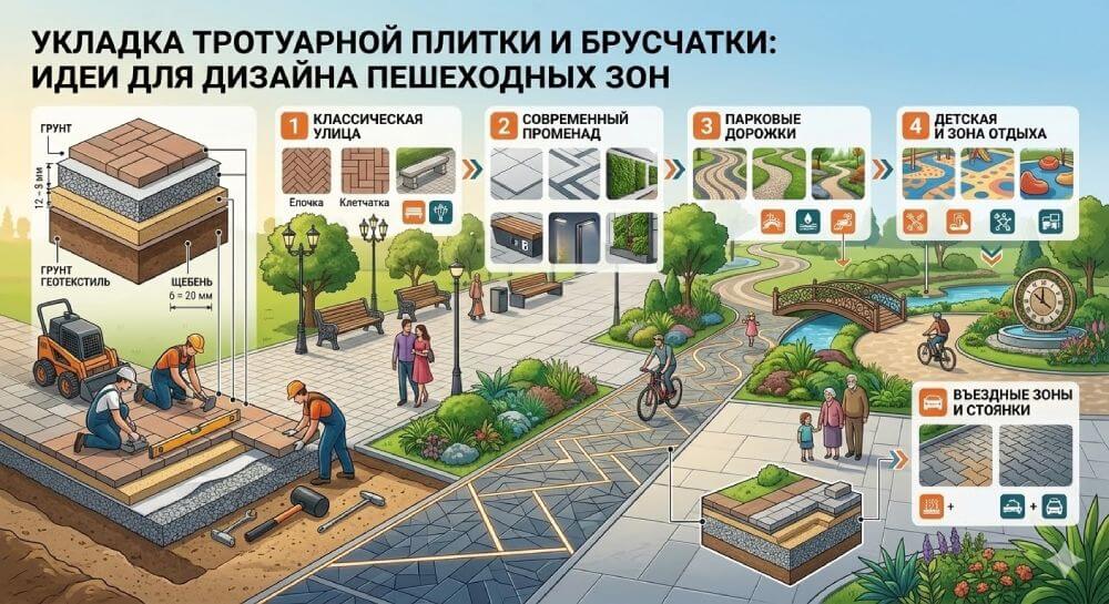 Укладка тротуарной плитки и брусчатки: идеи для дизайна пешеходных зон